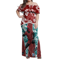 Portugal Football Off Shoulder Maxi Dress Selecao das Quinas Rooster Mascot Ornate Marble Swirl