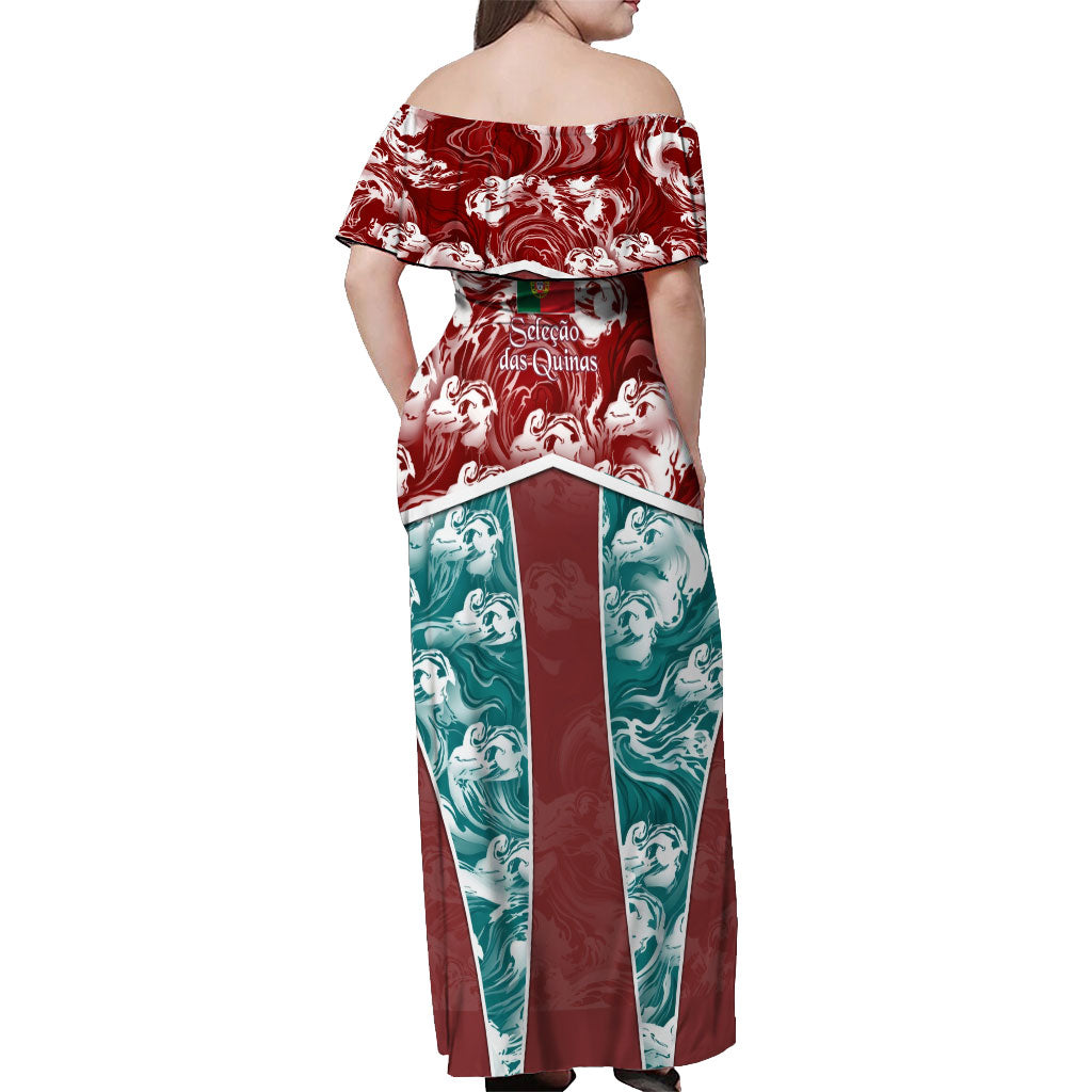 Portugal Football Off Shoulder Maxi Dress Selecao das Quinas Rooster Mascot Ornate Marble Swirl