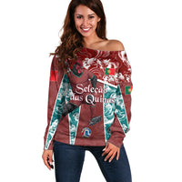 Personalized Portugal Football Off Shoulder Sweater Selecao das Quinas Rooster Mascot Ornate Marble Swirl
