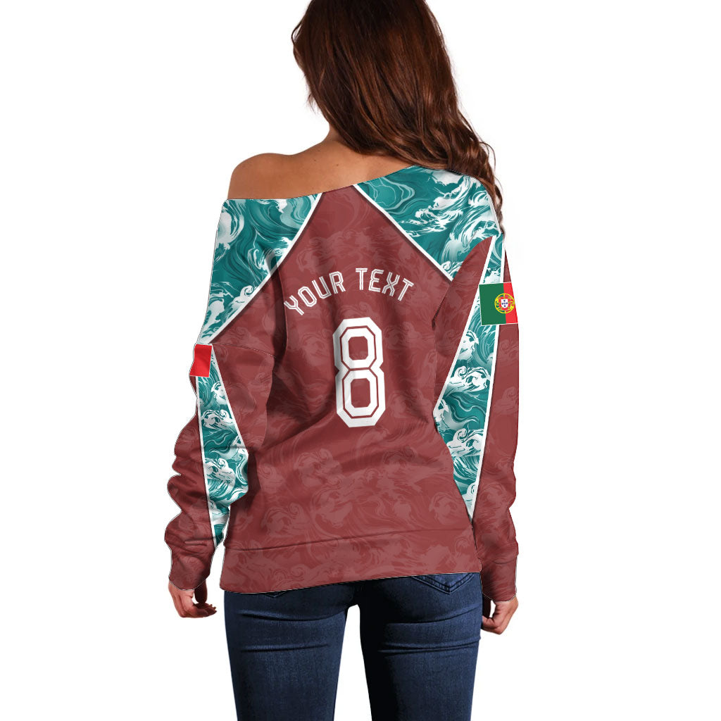 Personalized Portugal Football Off Shoulder Sweater Selecao das Quinas Rooster Mascot Ornate Marble Swirl