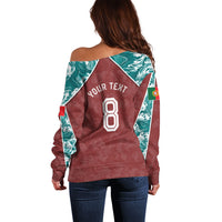 Personalized Portugal Football Off Shoulder Sweater Selecao das Quinas Rooster Mascot Ornate Marble Swirl