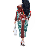 Portugal Football Off The Shoulder Long Sleeve Dress Selecao das Quinas Rooster Mascot Ornate Marble Swirl