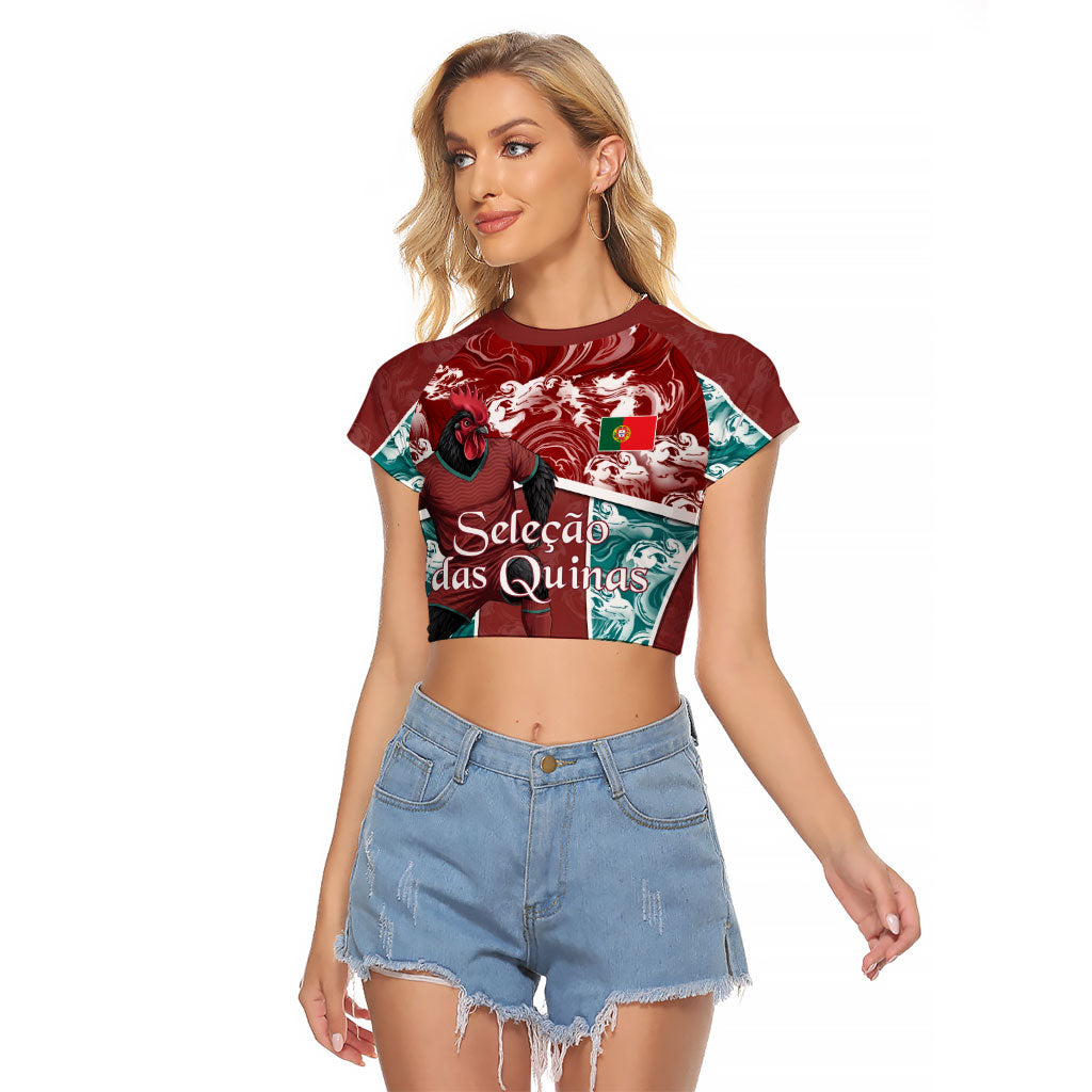Personalized Portugal Football Raglan Cropped T Shirt Selecao das Quinas Rooster Mascot Ornate Marble Swirl