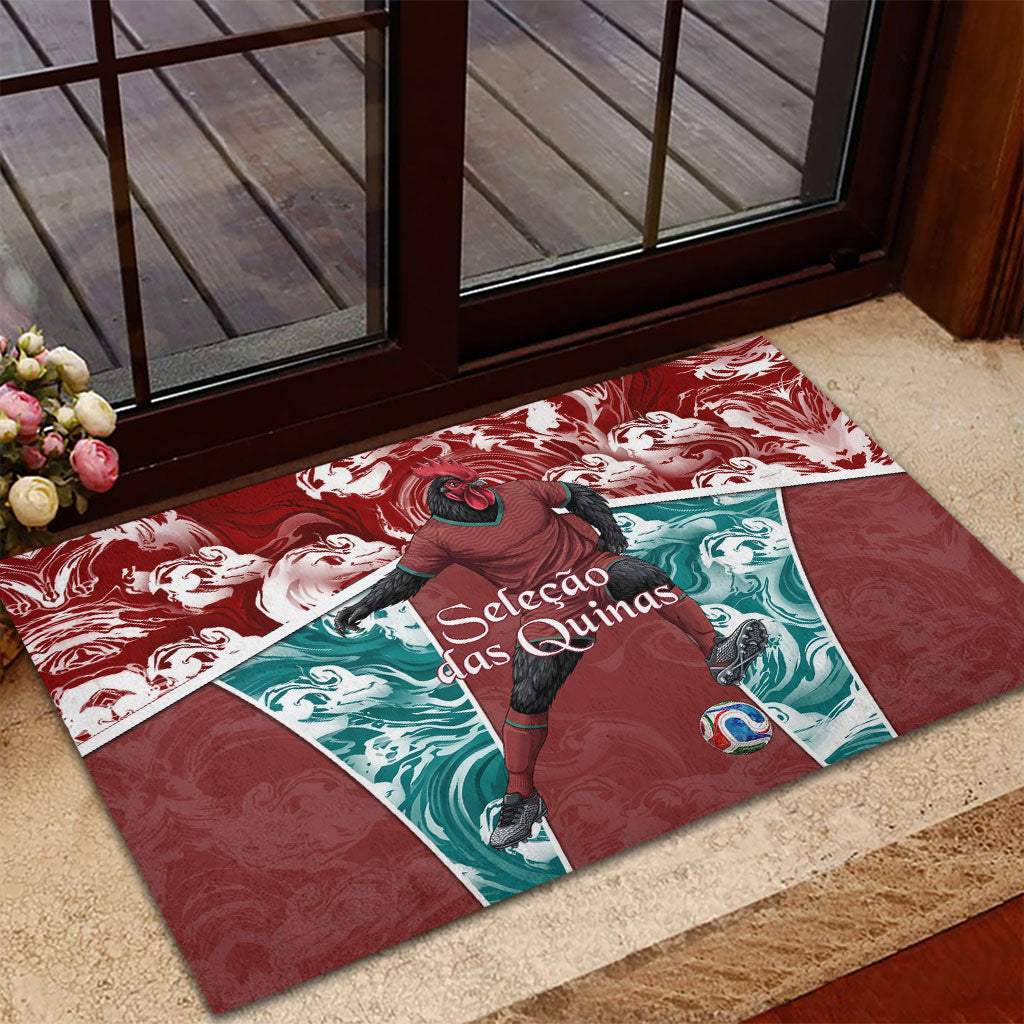 Portugal Football Rubber Doormat Selecao das Quinas Rooster Mascot Ornate Marble Swirl