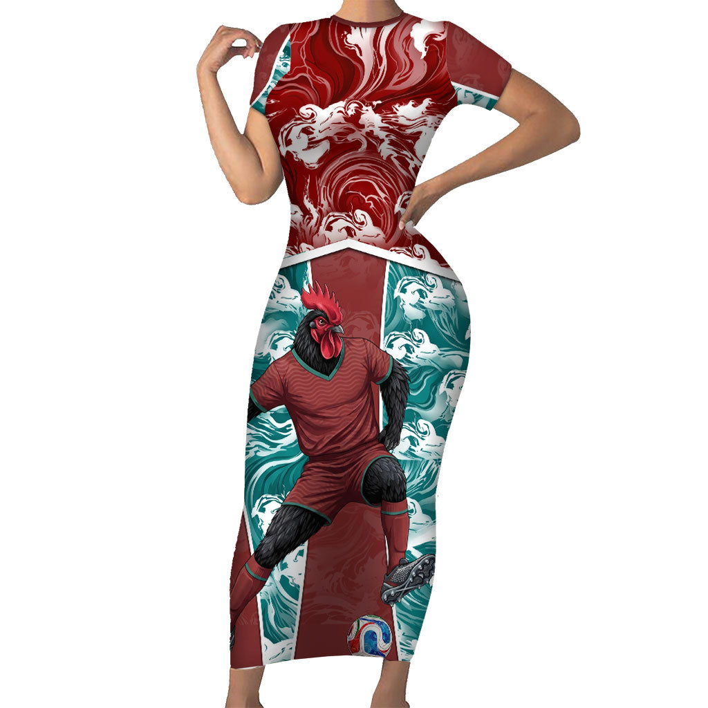 Portugal Football Short Sleeve Bodycon Dress Selecao das Quinas Rooster Mascot Ornate Marble Swirl