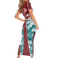 Portugal Football Short Sleeve Bodycon Dress Selecao das Quinas Rooster Mascot Ornate Marble Swirl