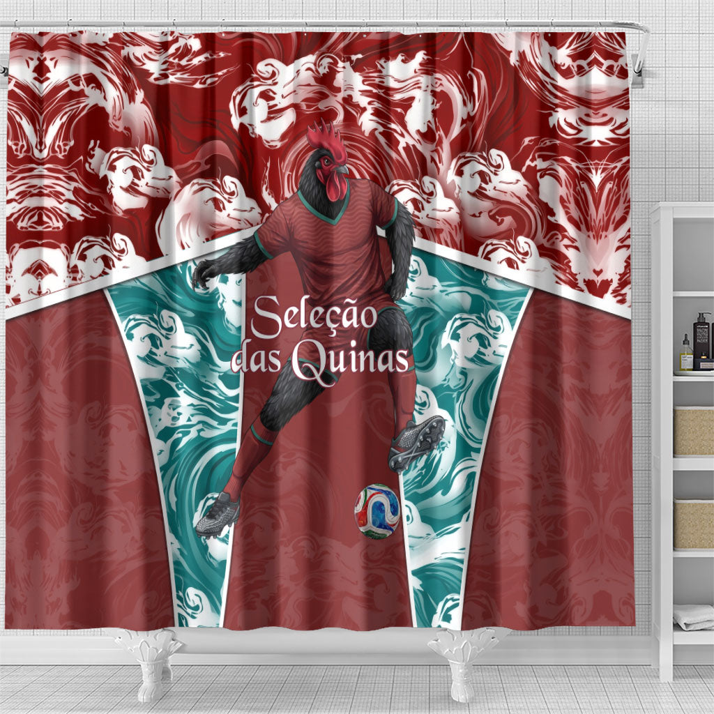 Portugal Football Shower Curtain Selecao das Quinas Rooster Mascot Ornate Marble Swirl