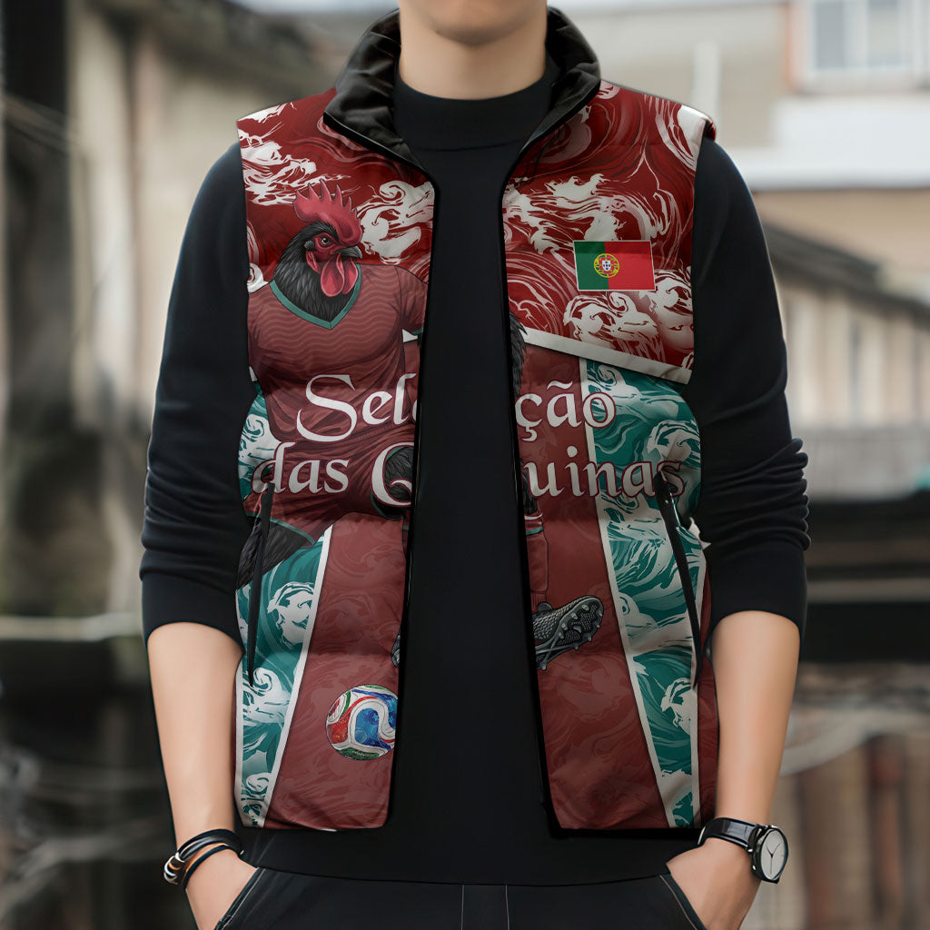 Personalized Portugal Football Sleeveless Puffer Jacket Selecao das Quinas Rooster Mascot Ornate Marble Swirl