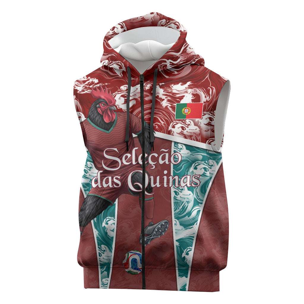 Personalized Portugal Football Sleeveless Zip Hoodie Selecao das Quinas Rooster Mascot Ornate Marble Swirl