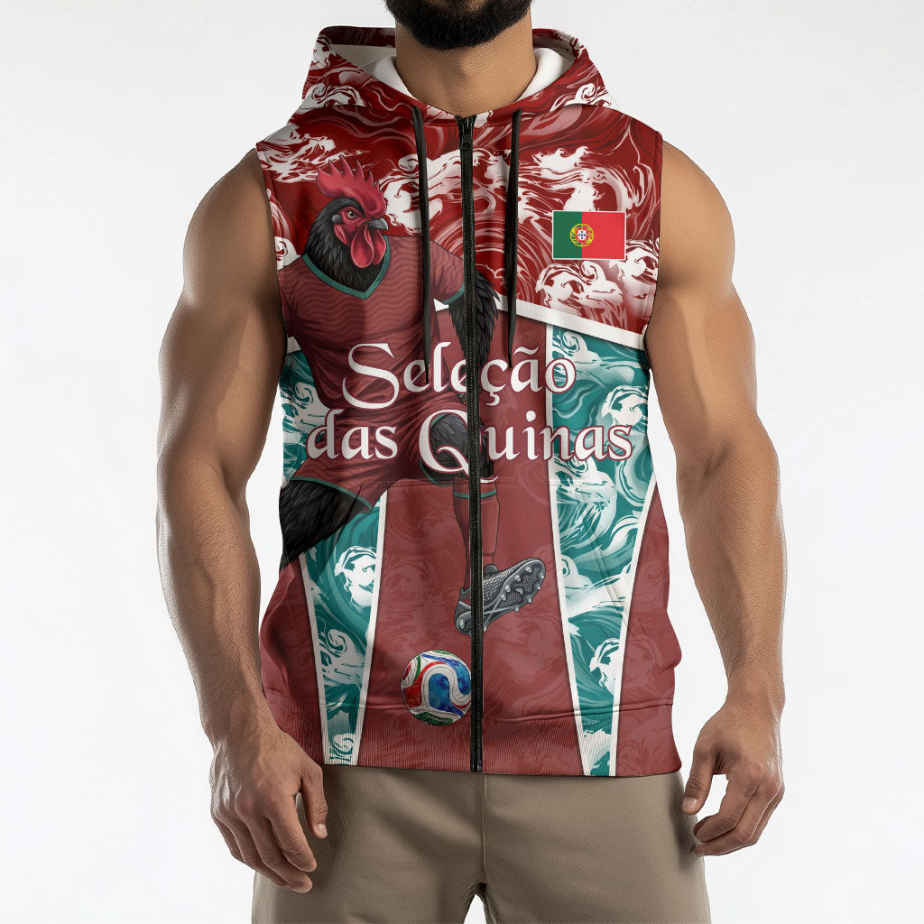 Personalized Portugal Football Sleeveless Zip Hoodie Selecao das Quinas Rooster Mascot Ornate Marble Swirl