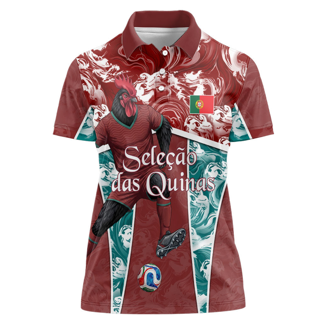 Personalized Portugal Football Women Polo Shirt Selecao das Quinas Rooster Mascot Ornate Marble Swirl