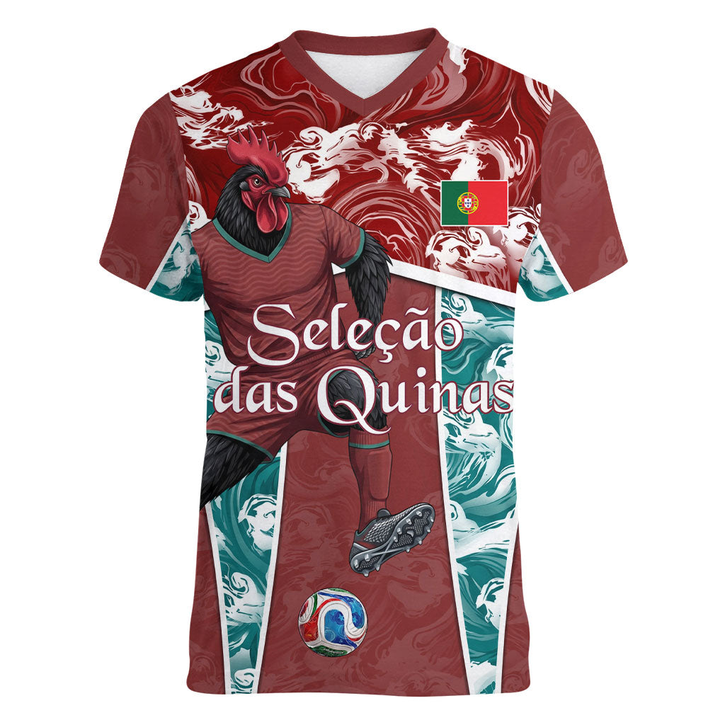 Personalized Portugal Football Women V-Neck T-Shirt Selecao das Quinas Rooster Mascot Ornate Marble Swirl