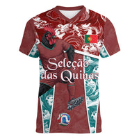 Personalized Portugal Football Women V-Neck T-Shirt Selecao das Quinas Rooster Mascot Ornate Marble Swirl