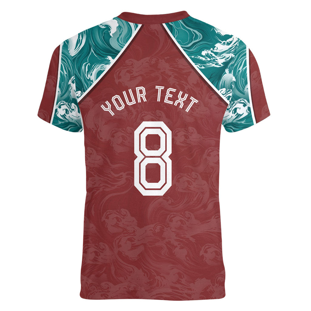 Personalized Portugal Football Women V-Neck T-Shirt Selecao das Quinas Rooster Mascot Ornate Marble Swirl