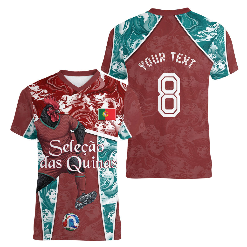 Personalized Portugal Football Women V-Neck T-Shirt Selecao das Quinas Rooster Mascot Ornate Marble Swirl