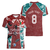 Personalized Portugal Football Women V-Neck T-Shirt Selecao das Quinas Rooster Mascot Ornate Marble Swirl