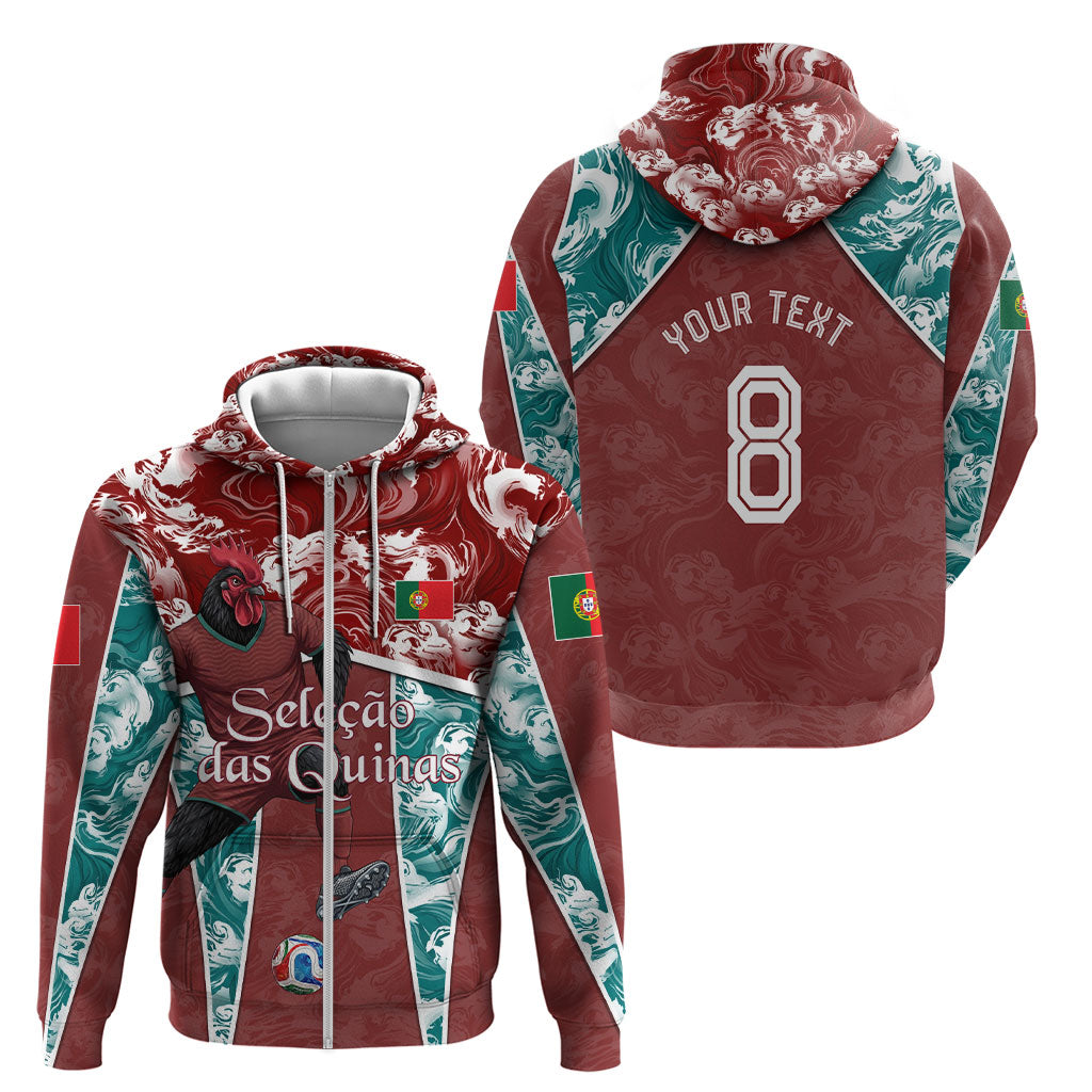 Personalized Portugal Football Zip Hoodie Selecao das Quinas Rooster Mascot Ornate Marble Swirl