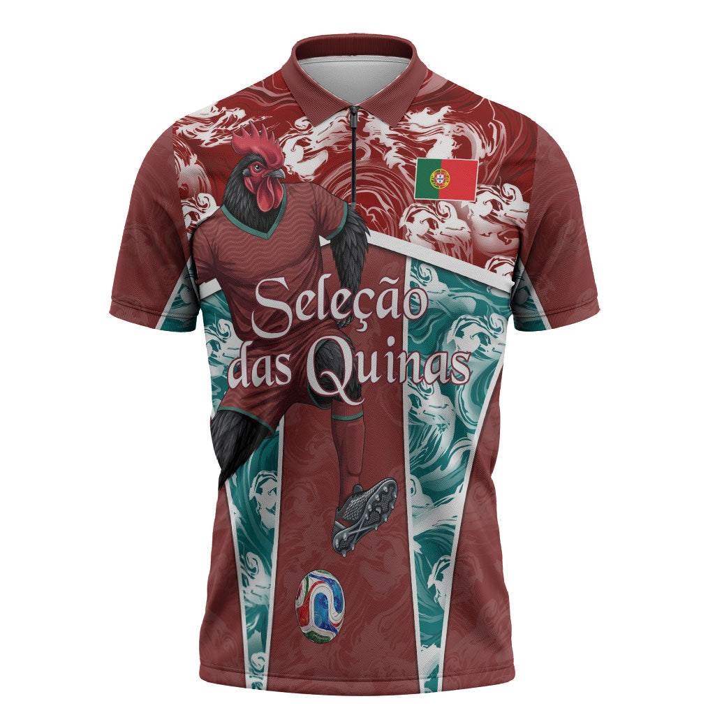 Personalized Portugal Football Zipper Polo Shirt Selecao das Quinas Rooster Mascot Ornate Marble Swirl
