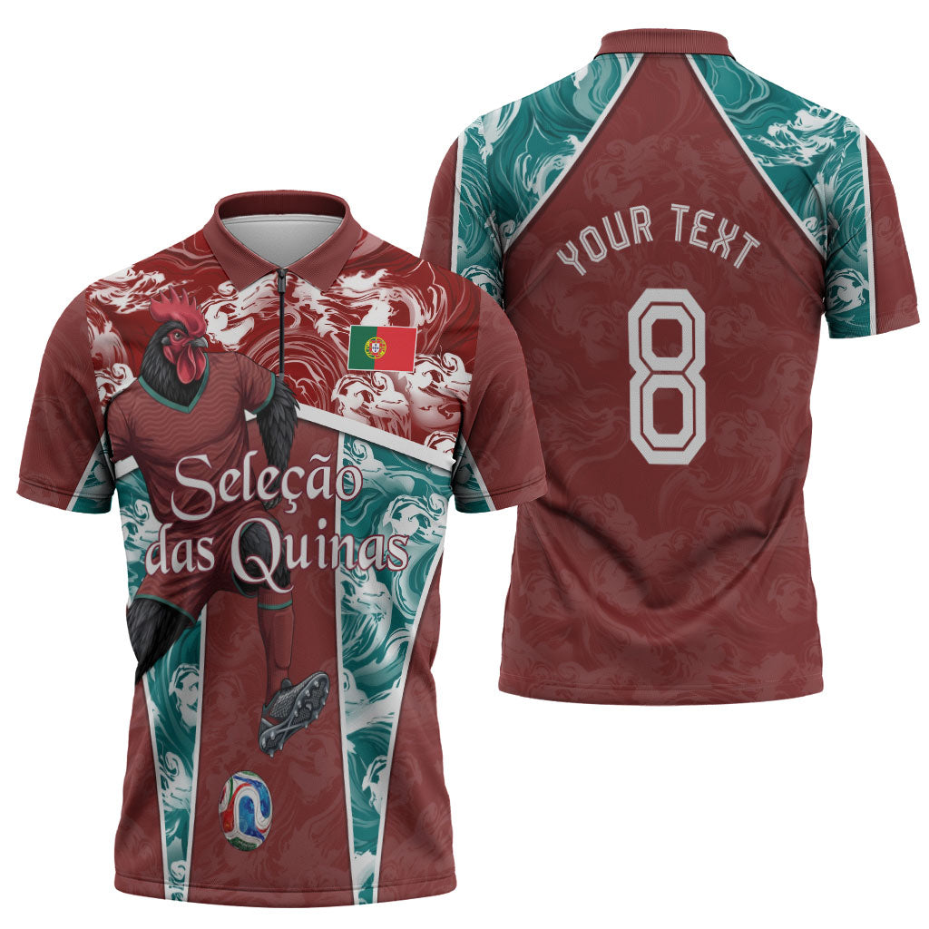 Personalized Portugal Football Zipper Polo Shirt Selecao das Quinas Rooster Mascot Ornate Marble Swirl