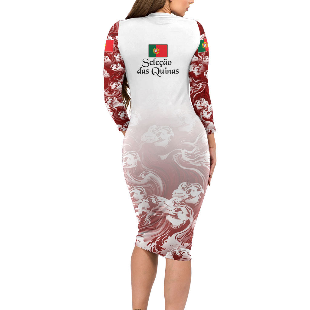 Portugal Football Selecao das Quinas Long Sleeve Bodycon Dress Rooster Mascot Patriotic Ornate