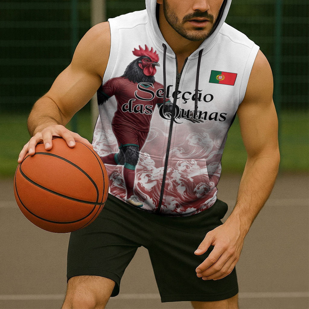 Personalized Portugal Football Selecao das Quinas Sleeveless Zip Hoodie Rooster Mascot Patriotic Ornate