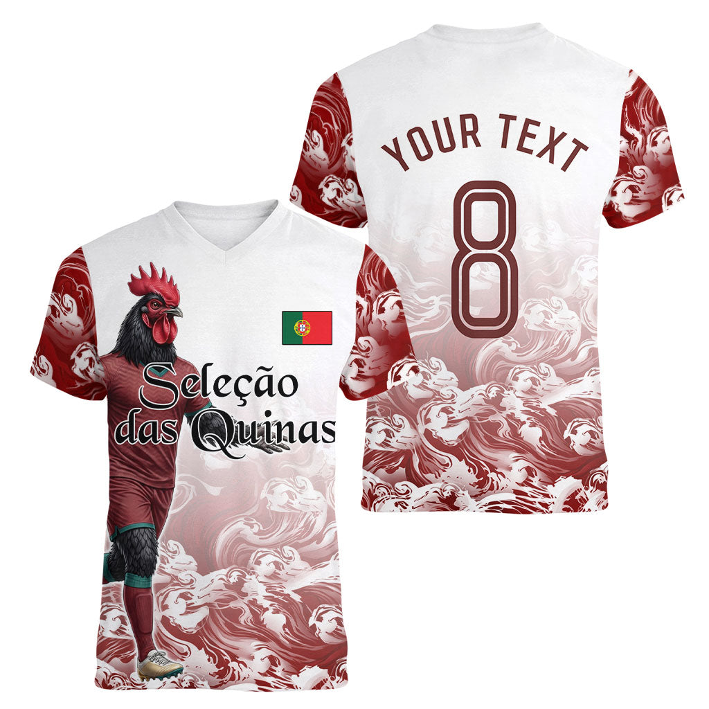 Personalized Portugal Football Selecao das Quinas Women V-Neck T-Shirt Rooster Mascot Patriotic Ornate