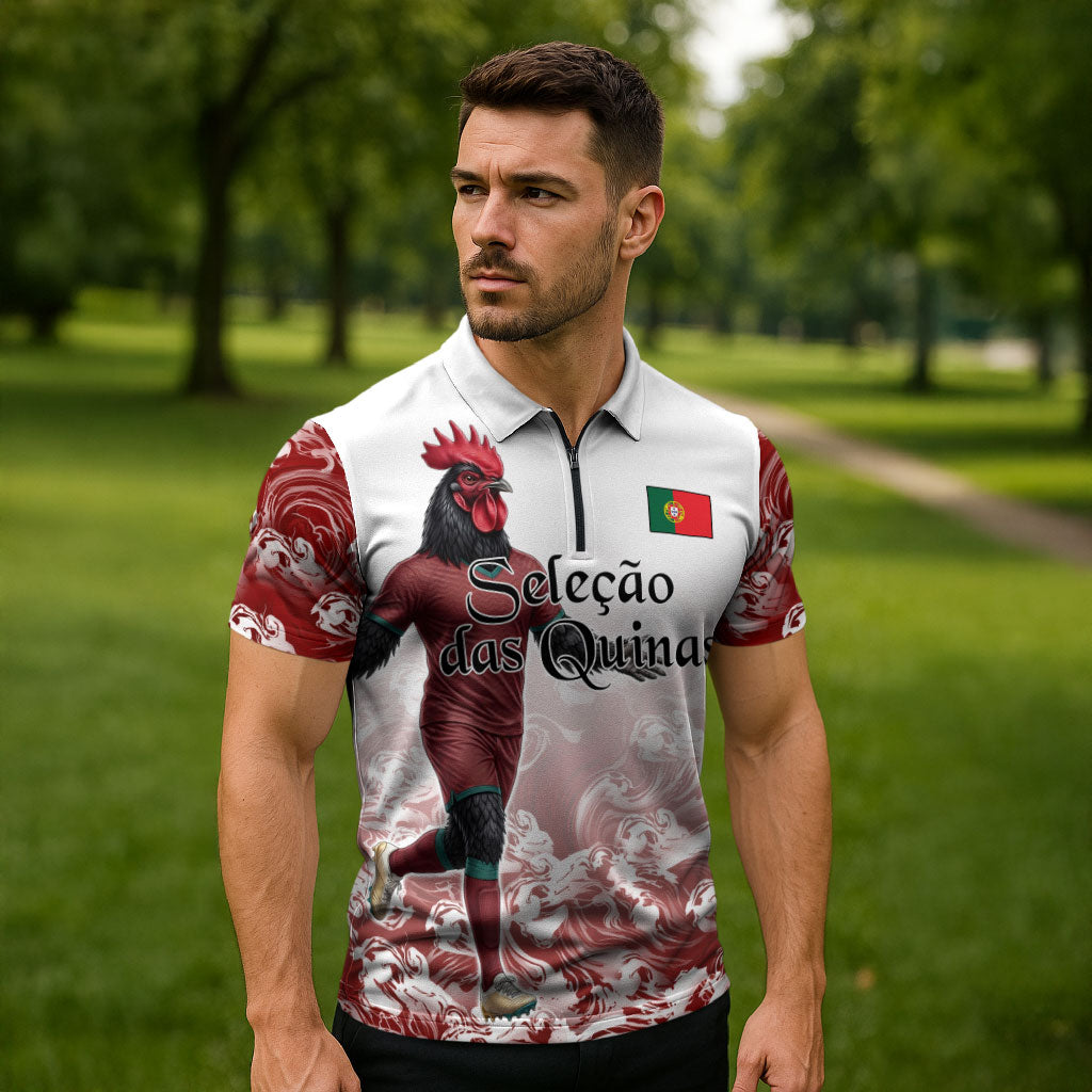 Personalized Portugal Football Selecao das Quinas Zipper Polo Shirt Rooster Mascot Patriotic Ornate