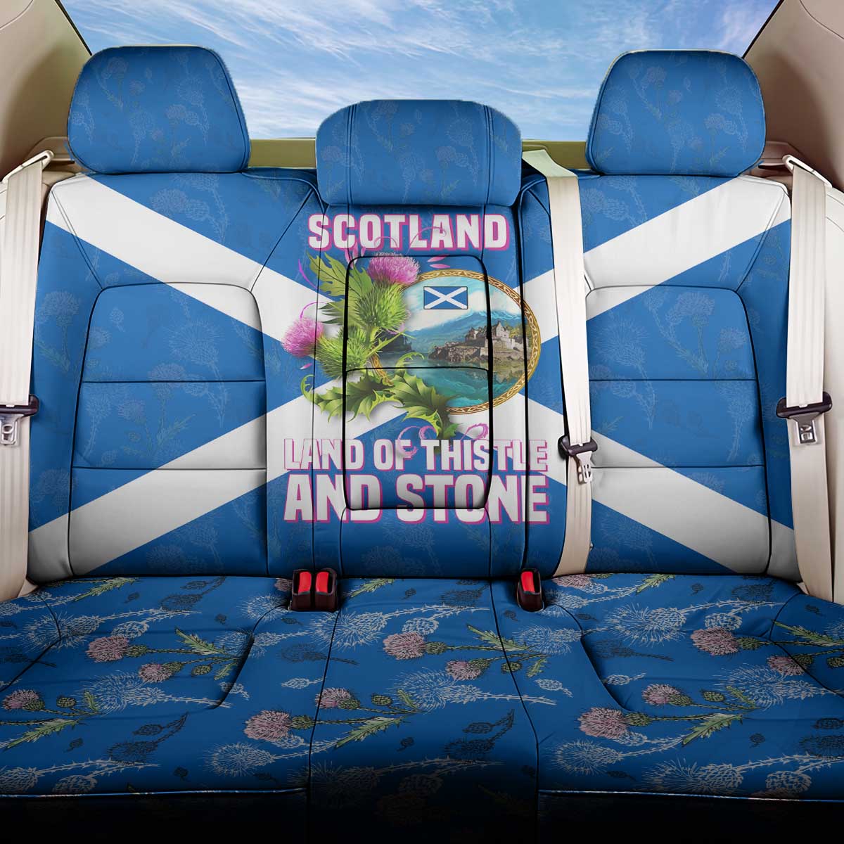 Scotland Back Car Seat Cover with Blue Saltire Flag with Thistle Flowers Highland Landscape and Land of Thistle and Stone - Wonder Print Shop
