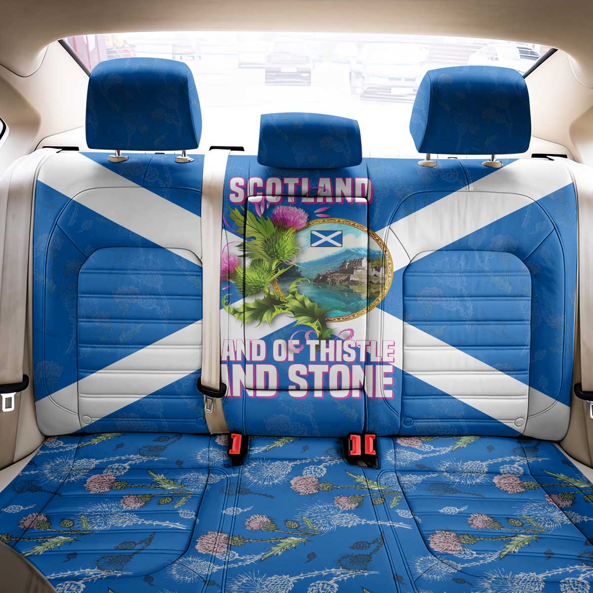 Scotland Back Car Seat Cover with Blue Saltire Flag with Thistle Flowers Highland Landscape and Land of Thistle and Stone - Wonder Print Shop