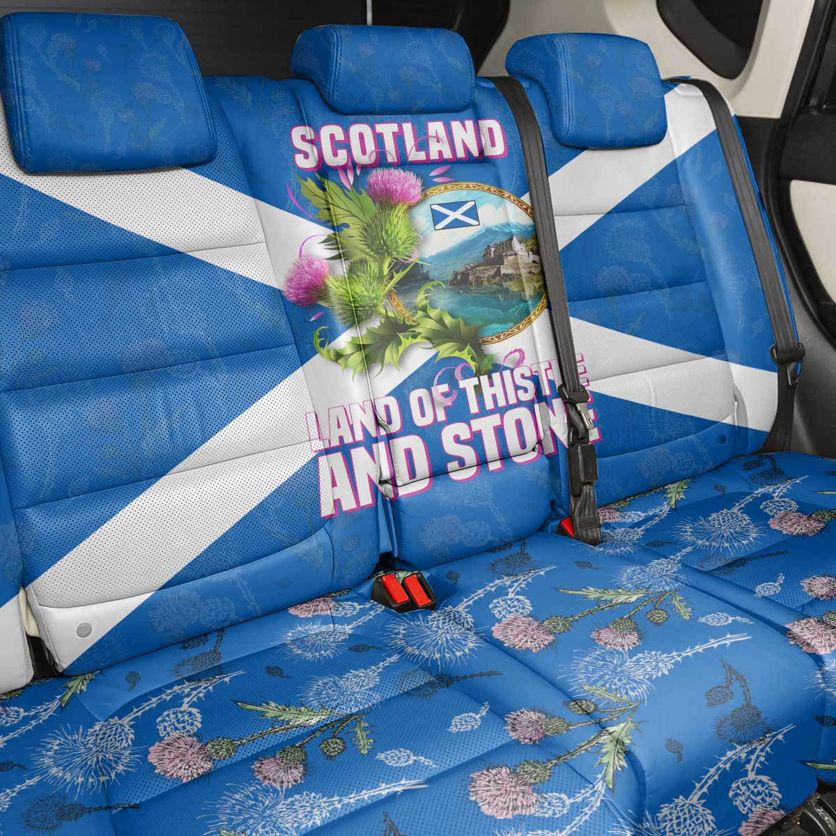 Scotland Back Car Seat Cover with Blue Saltire Flag with Thistle Flowers Highland Landscape and Land of Thistle and Stone - Wonder Print Shop