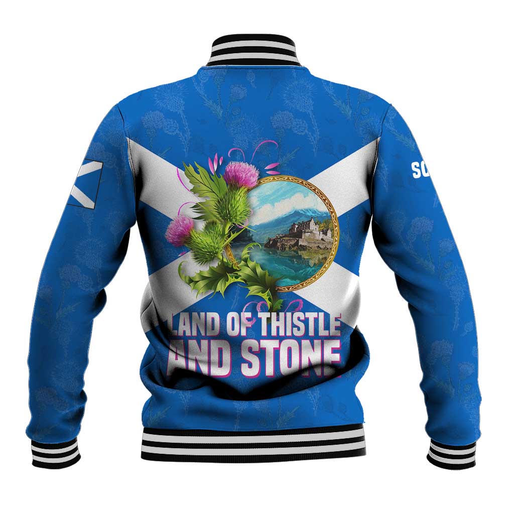 Scotland Baseball Jacket with Blue Saltire Flag with Thistle Flowers Highland Landscape and Land of Thistle and Stone - Wonder Print Shop