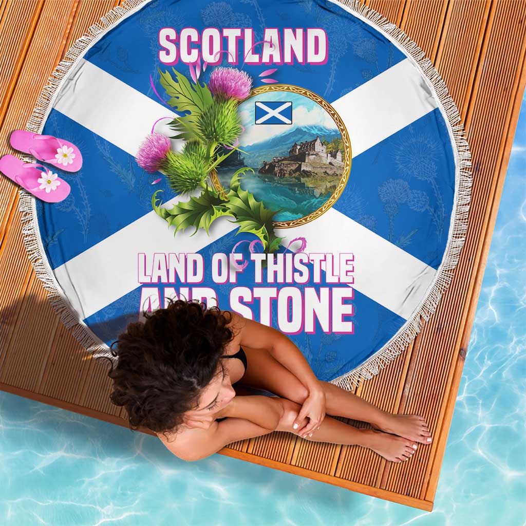 Scotland Beach Blanket with Blue Saltire Flag with Thistle Flowers Highland Landscape and Land of Thistle and Stone - Wonder Print Shop