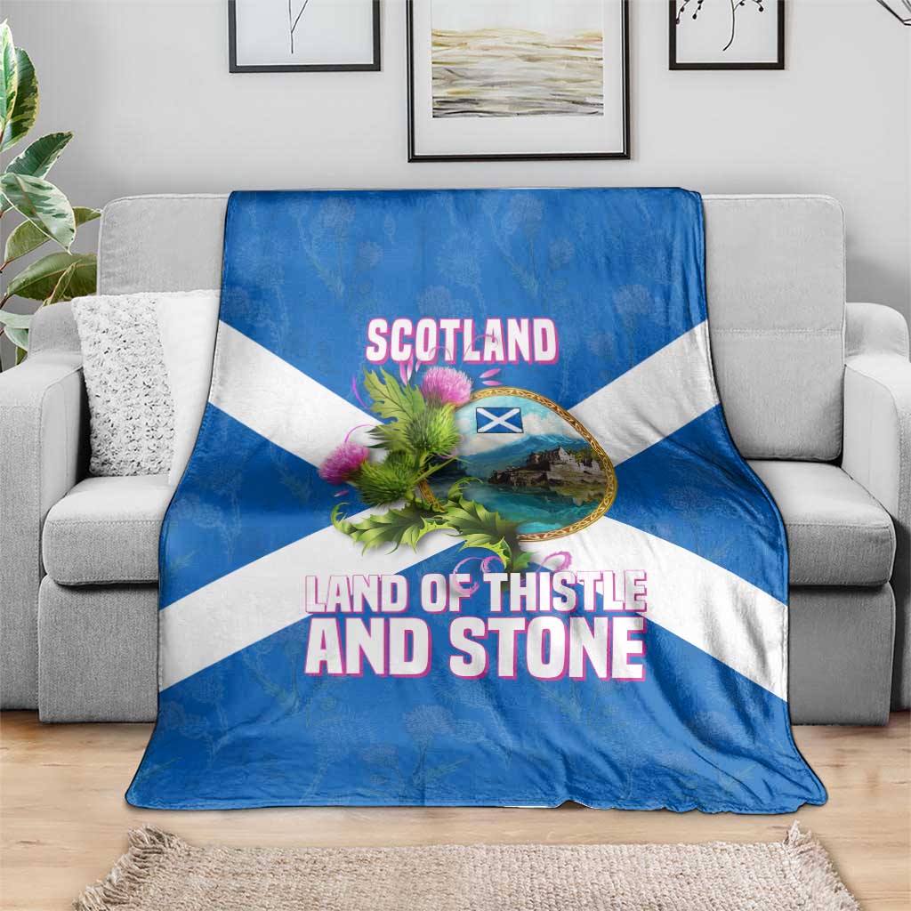 Scotland Blanket with Blue Saltire Flag with Thistle Flowers Highland Landscape and Land of Thistle and Stone - Wonder Print Shop