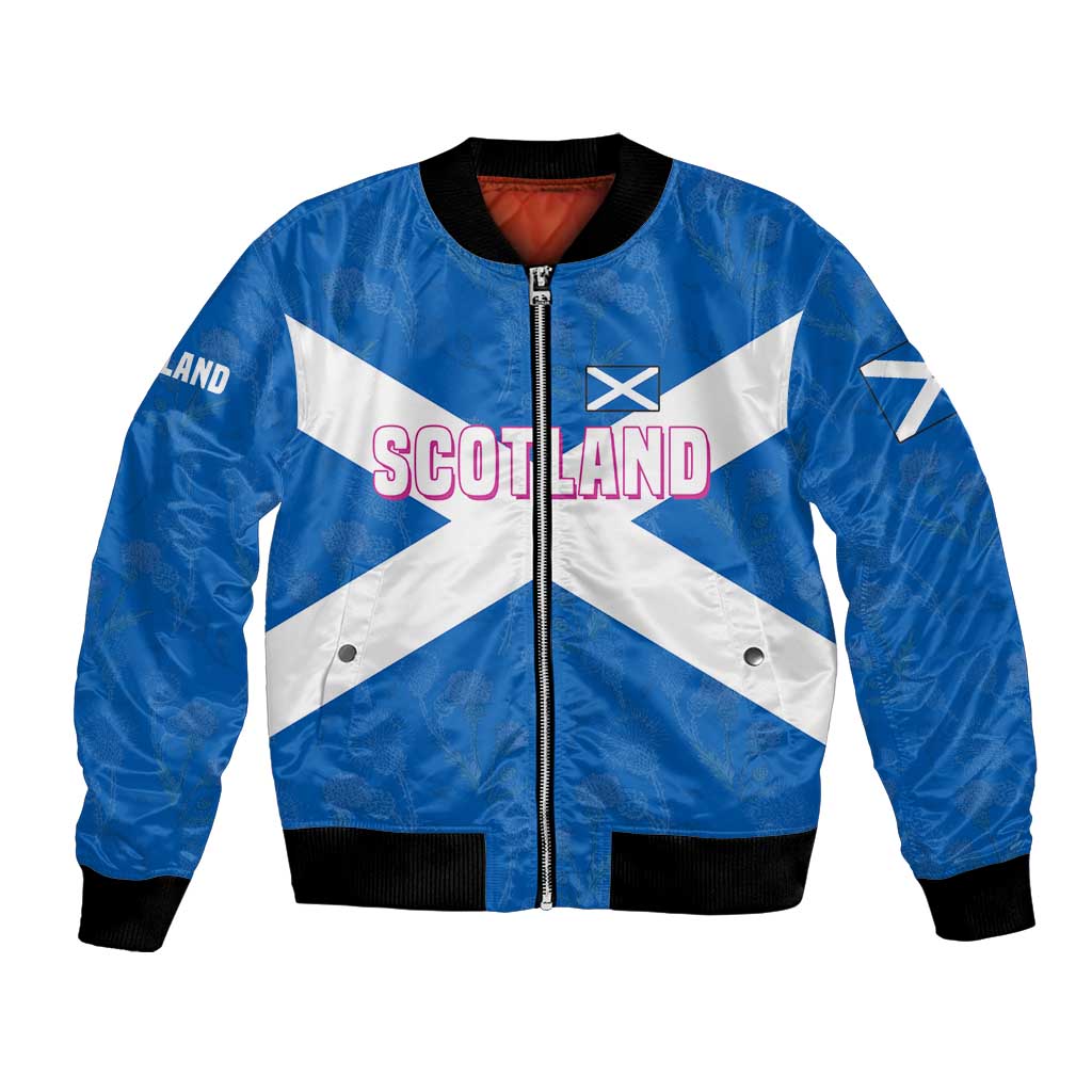 Scotland Bomber Jacket with Blue Saltire Flag with Thistle Flowers Highland Landscape and Land of Thistle and Stone - Wonder Print Shop