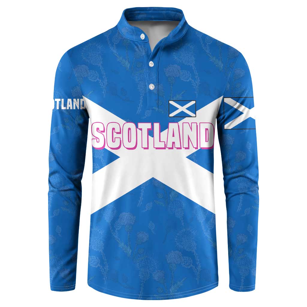 Scotland Button Sweatshirt with Blue Saltire Flag with Thistle Flowers Highland Landscape and Land of Thistle and Stone - Wonder Print Shop