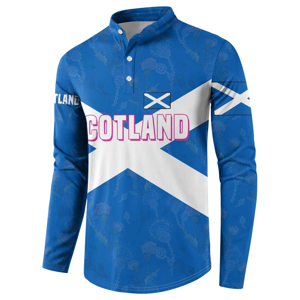 Scotland Button Sweatshirt with Blue Saltire Flag with Thistle Flowers Highland Landscape and Land of Thistle and Stone - Wonder Print Shop