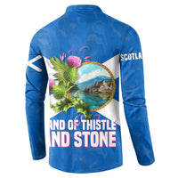 Scotland Button Sweatshirt with Blue Saltire Flag with Thistle Flowers Highland Landscape and Land of Thistle and Stone - Wonder Print Shop