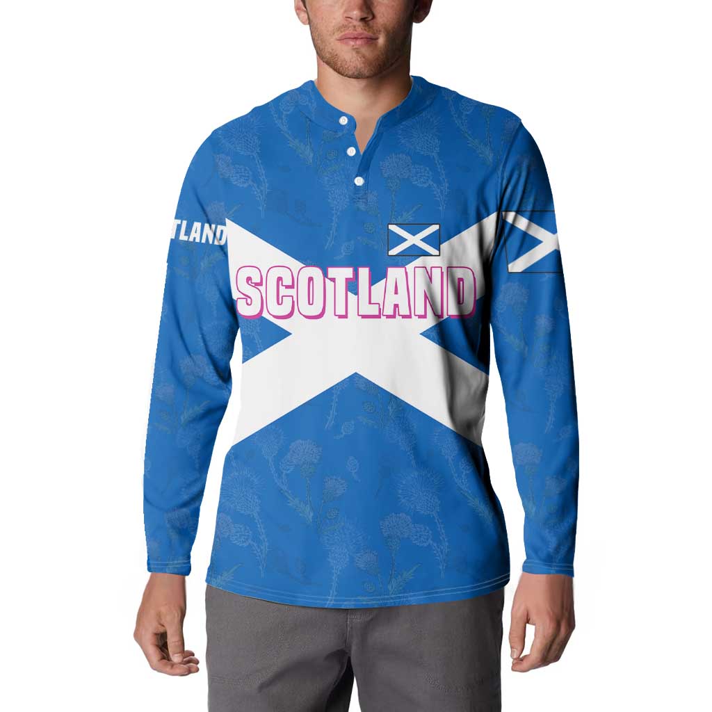 Scotland Button Sweatshirt with Blue Saltire Flag with Thistle Flowers Highland Landscape and Land of Thistle and Stone - Wonder Print Shop