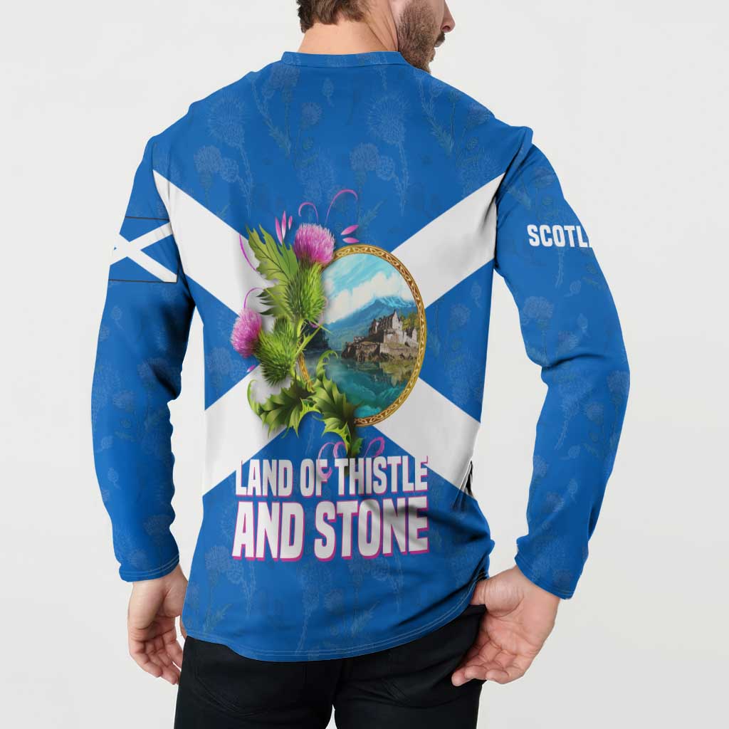Scotland Button Sweatshirt with Blue Saltire Flag with Thistle Flowers Highland Landscape and Land of Thistle and Stone - Wonder Print Shop