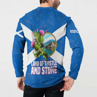 Scotland Button Sweatshirt with Blue Saltire Flag with Thistle Flowers Highland Landscape and Land of Thistle and Stone - Wonder Print Shop