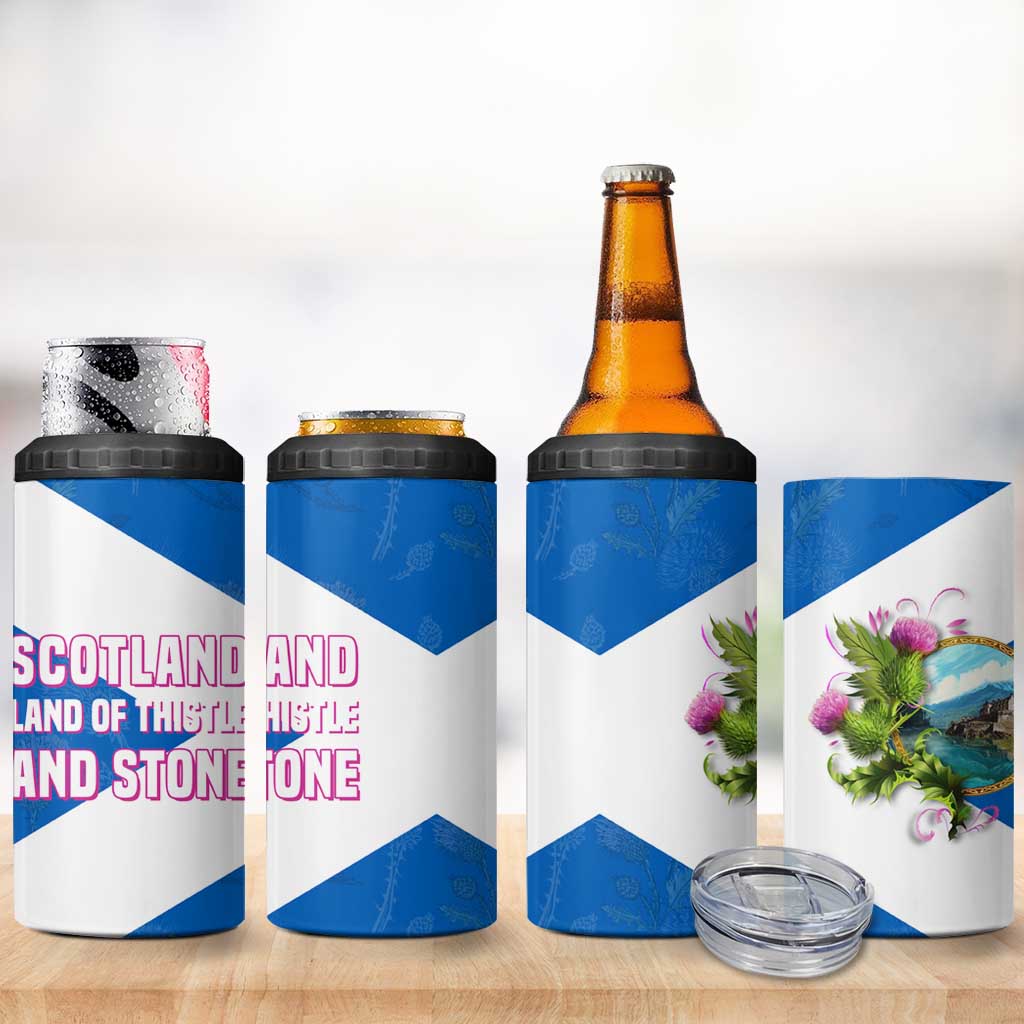 Scotland 4 in 1 Can Cooler Tumbler with Blue Saltire Flag with Thistle Flowers Highland Landscape and Land of Thistle and Stone - Wonder Print Shop