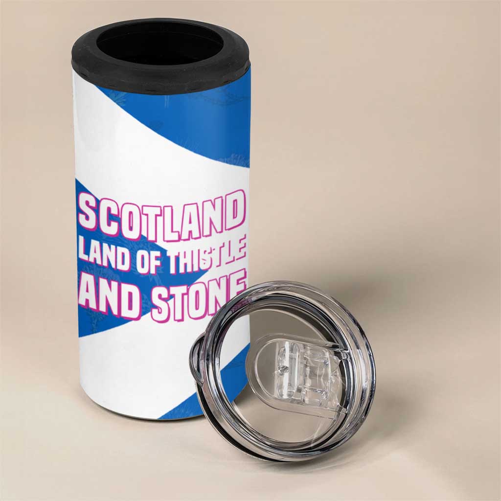 Scotland 4 in 1 Can Cooler Tumbler with Blue Saltire Flag with Thistle Flowers Highland Landscape and Land of Thistle and Stone - Wonder Print Shop