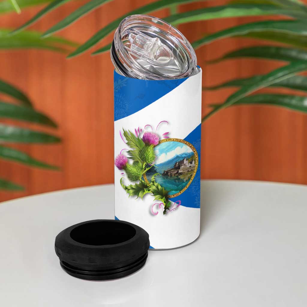 Scotland 4 in 1 Can Cooler Tumbler with Blue Saltire Flag with Thistle Flowers Highland Landscape and Land of Thistle and Stone - Wonder Print Shop
