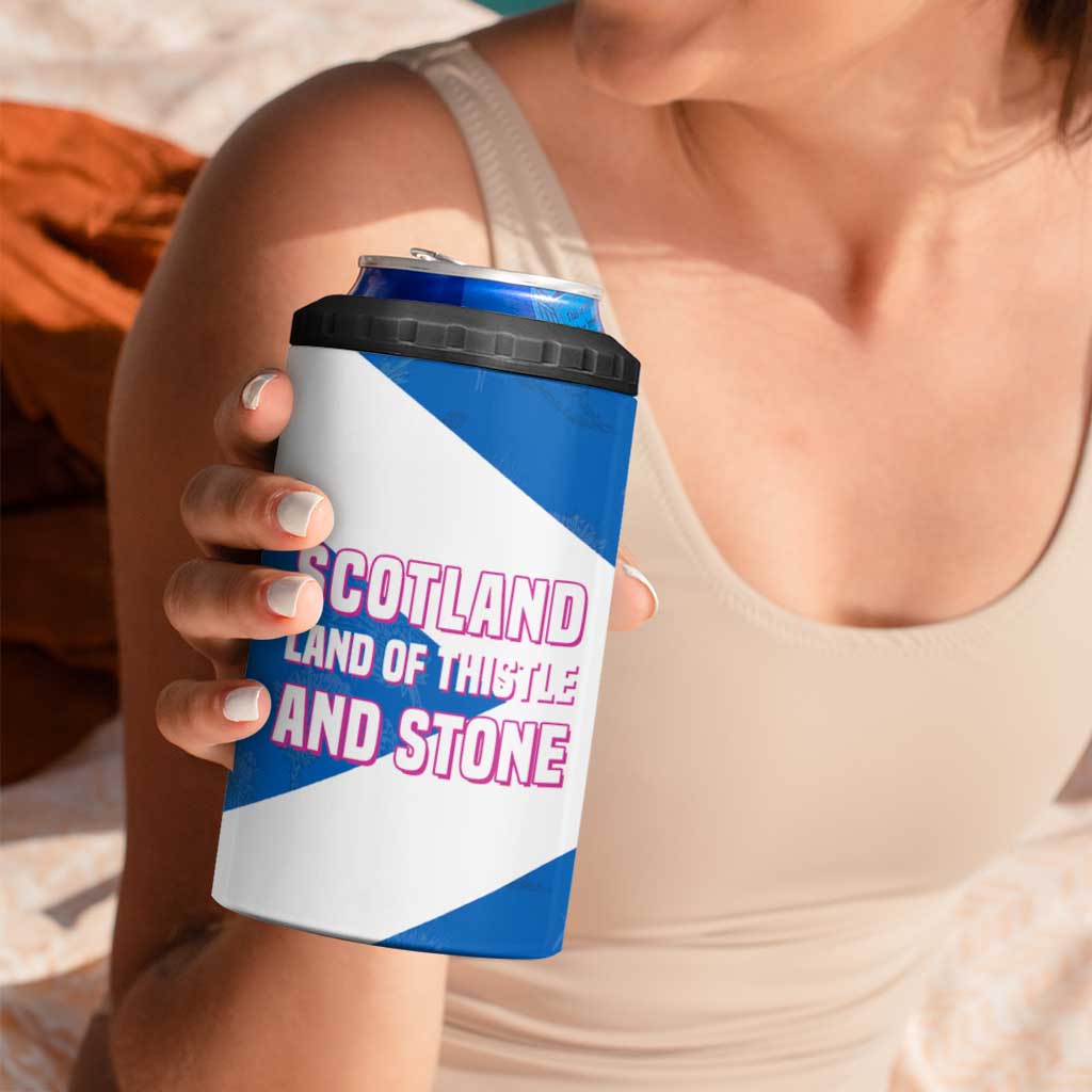 Scotland 4 in 1 Can Cooler Tumbler with Blue Saltire Flag with Thistle Flowers Highland Landscape and Land of Thistle and Stone - Wonder Print Shop