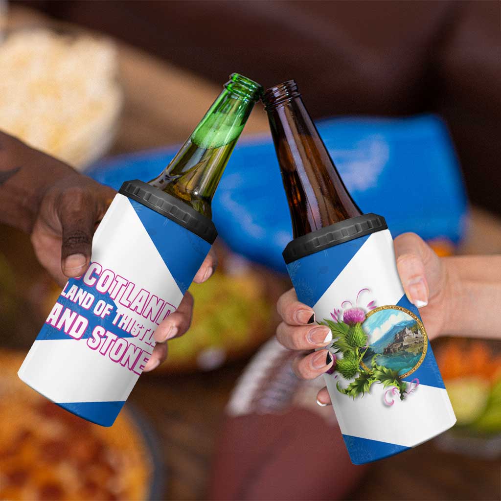 Scotland 4 in 1 Can Cooler Tumbler with Blue Saltire Flag with Thistle Flowers Highland Landscape and Land of Thistle and Stone - Wonder Print Shop