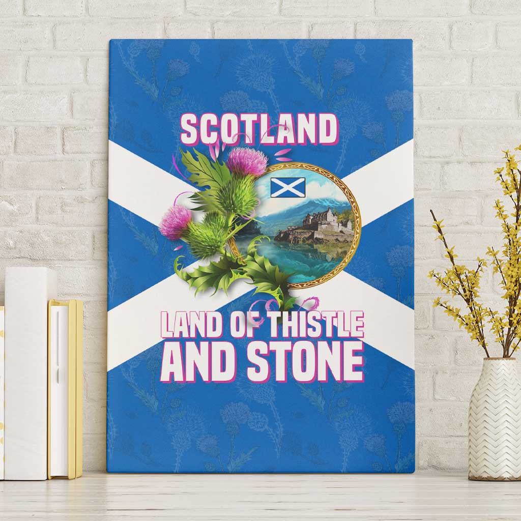 Scotland Canvas Wall Art with Blue Saltire Flag with Thistle Flowers Highland Landscape and Land of Thistle and Stone - Wonder Print Shop