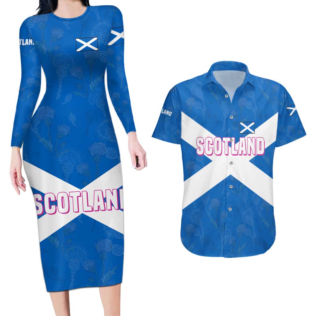 Scotland Couples Matching Long Sleeve Bodycon Dress and Hawaiian Shirt with Blue Saltire Flag with Thistle Flowers Highland Landscape and Land of Thistle and Stone - Wonder Print Shop