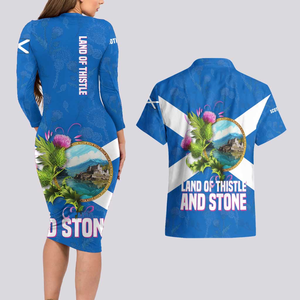 Scotland Couples Matching Long Sleeve Bodycon Dress and Hawaiian Shirt with Blue Saltire Flag with Thistle Flowers Highland Landscape and Land of Thistle and Stone - Wonder Print Shop