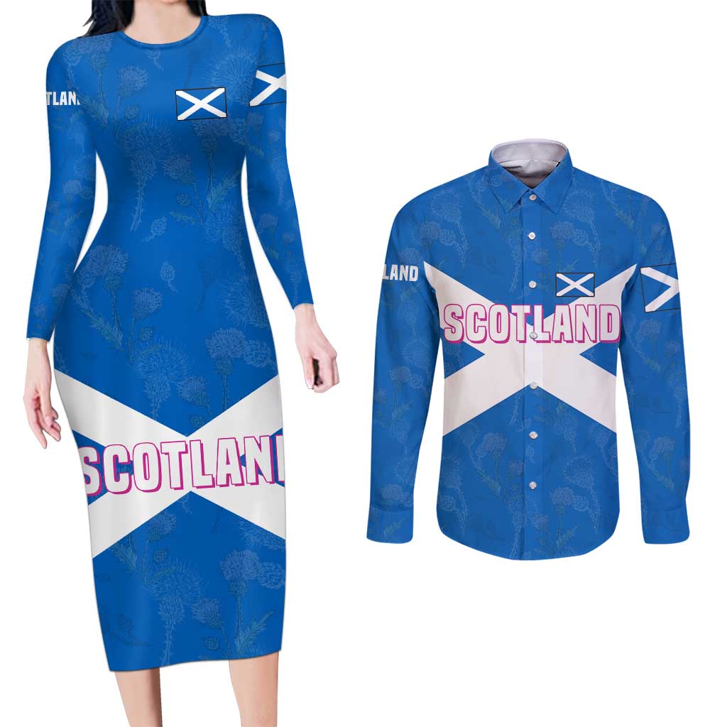 Scotland Couples Matching Long Sleeve Bodycon Dress and Long Sleeve Button Shirt with Blue Saltire Flag with Thistle Flowers Highland Landscape and Land of Thistle and Stone - Wonder Print Shop