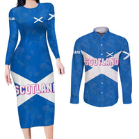Scotland Couples Matching Long Sleeve Bodycon Dress and Long Sleeve Button Shirt with Blue Saltire Flag with Thistle Flowers Highland Landscape and Land of Thistle and Stone - Wonder Print Shop
